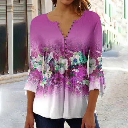 Women's 3d Digital Printing Button V-neck Flared Sleeves T-shirt