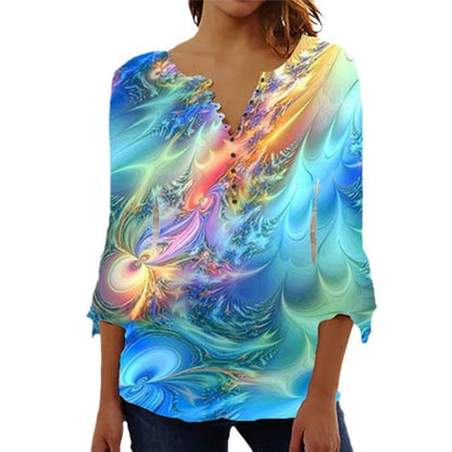 Women's 3d Digital Printing Button V-neck Flared Sleeves T-shirt