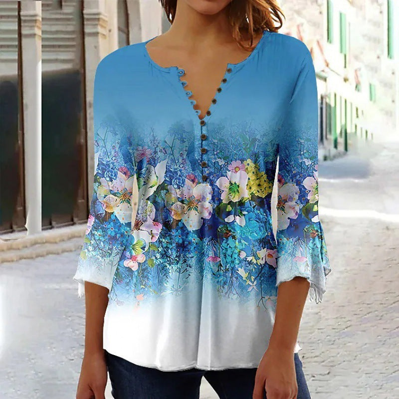 Women's 3d Digital Printing Button V-neck Flared Sleeves T-shirt